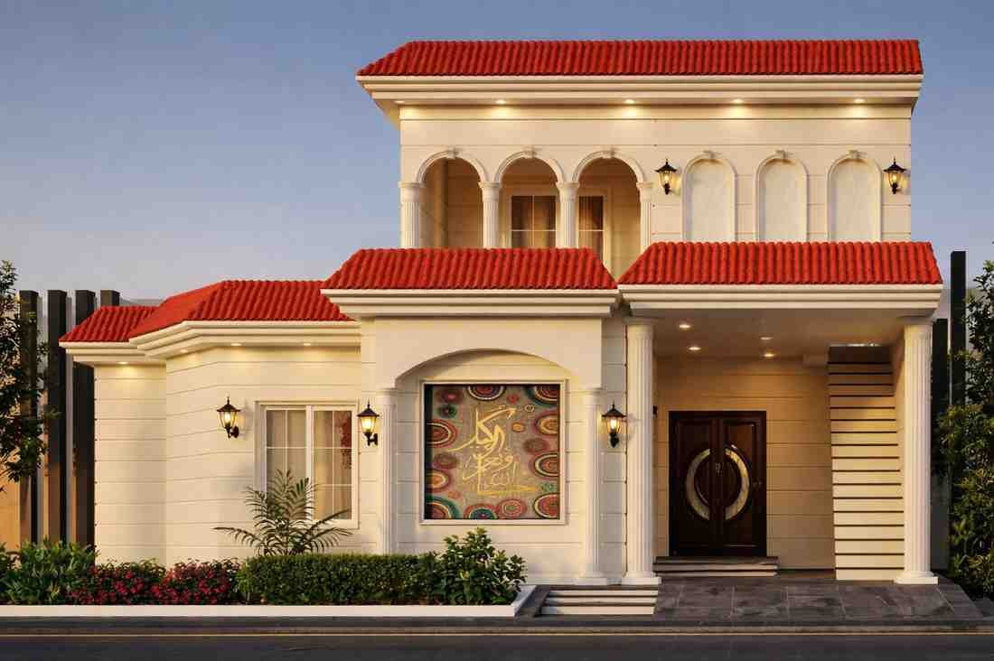 Classic-two-story-house-front-elevation-with-red-tiled roof-arches-and-elegant-exterior-design